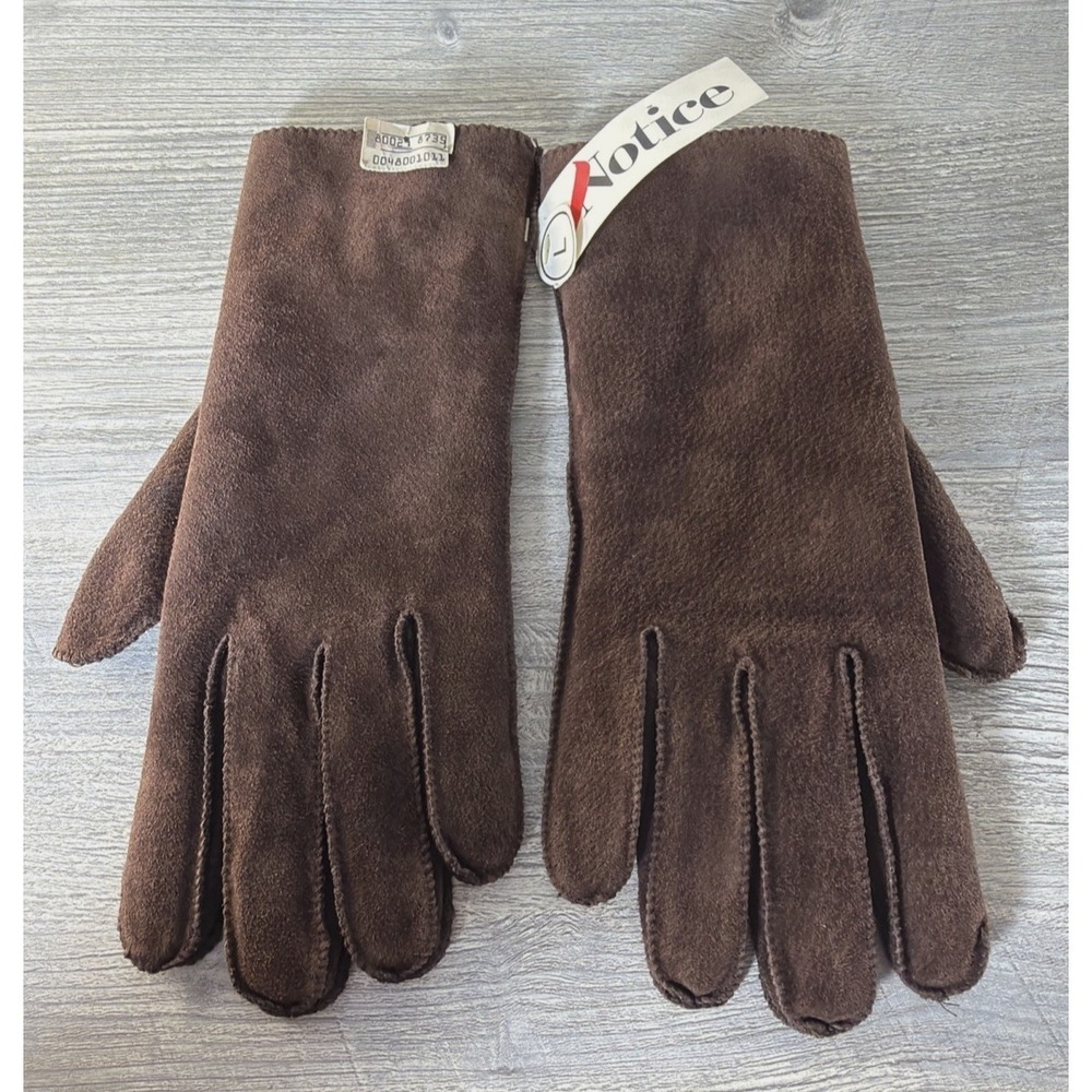 New Vtg Notice Brown Leather Suede Winter Gloves Lined Womens Size Large NOS